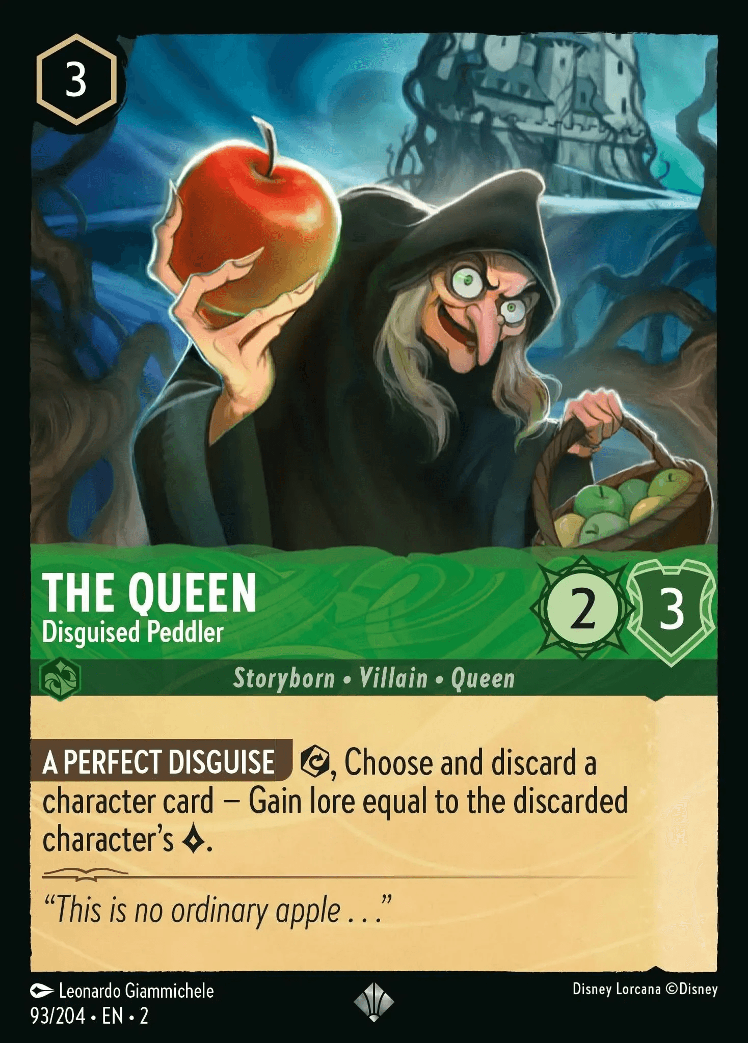 The Queen - Disguised Peddler — Rise of the Floodborn Disney Lorcana card by Leonardo Giammichele