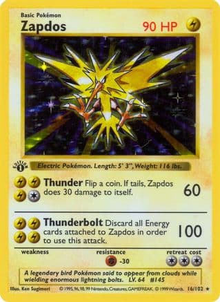 Zapdos — Base Set (Shadowless) Pokémon TCG card by Ken Sugimori