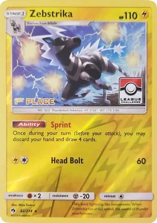 Zebstrika - 82/214 (League Challenge) [1st Place] — League & Championship Cards Pokémon TCG card by Mitsuhiro Arita