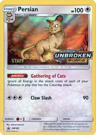 Persian - SM182 (Prerelease) [Staff] — SM Promos Pokémon TCG card by Tetsuya Koizumi