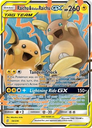 Raichu & Alolan Raichu GX — SM - Unified Minds Pokémon TCG card by Hasuno Aruto
