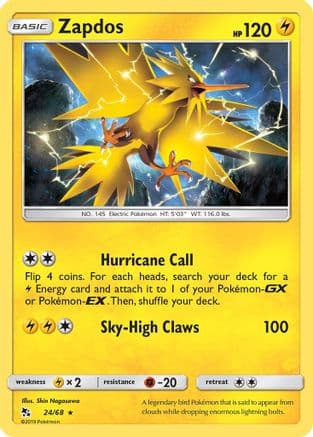 Zapdos — Hidden Fates Pokémon TCG card by Shin Nagasawa