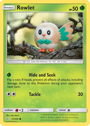 Rowlet - 17/236 — SM - Cosmic Eclipse Pokémon TCG card by Yuka Morii