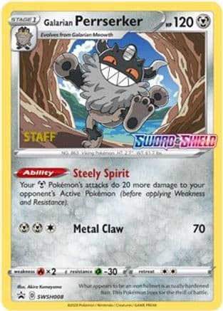 Galarian Perrserker - SWSH008 (Prerelease) [Staff] — SWSH: Sword & Shield Promo Cards Pokémon TCG card by Akira Komayama