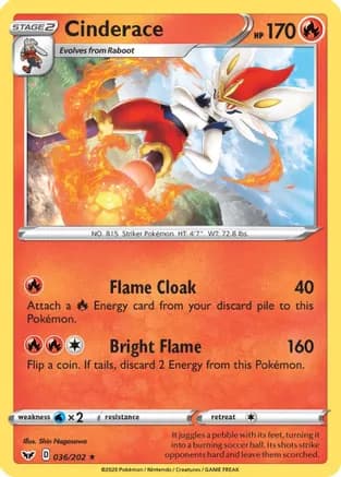 Cinderace (036) — SWSH01: Sword & Shield Base Set Pokémon TCG card by Shin Nagasawa
