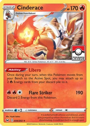 Cinderace - 034/202 (Pokemon League) — League & Championship Cards Pokémon TCG card by Kouki Saitou