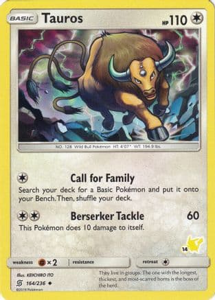 Tauros - 164/236 (#14 Pikachu Stamped) — Battle Academy Pokémon TCG card by KEICHIRO ITO