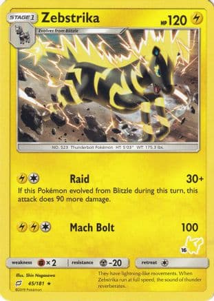 Zebstrika - 45/181 (#16 Pikachu Stamped) — Battle Academy Pokémon TCG card by Shin Nagasawa