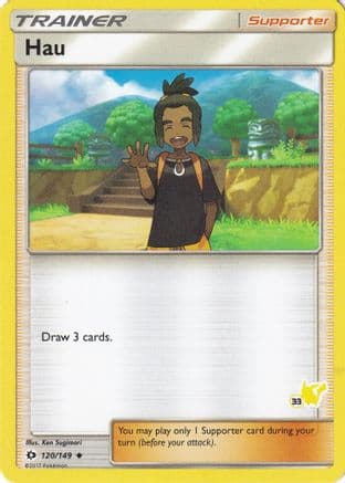 Hau - 120/149 (#33 Pikachu Stamped) — Battle Academy Pokémon TCG card by Ken Sugimori