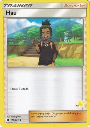 Hau - 120/149 (#42 Pikachu Stamped) — Battle Academy Pokémon TCG card by Ken Sugimori