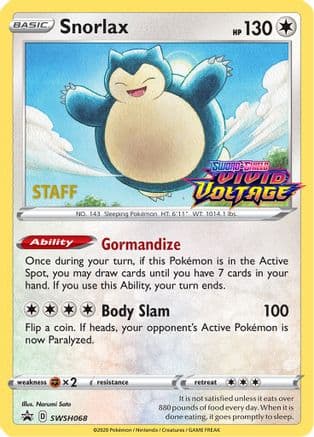Snorlax - SWSH068 (Prerelease) [Staff] — SWSH: Sword & Shield Promo Cards Pokémon TCG card by Narumi Sato