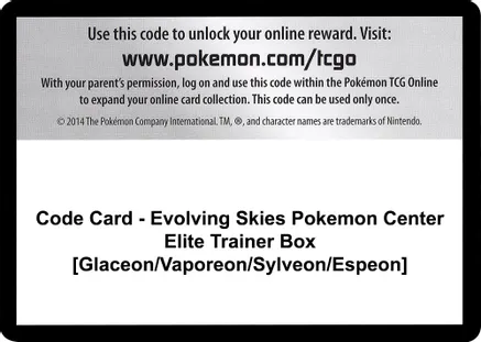 Code Card - Evolving Skies Pokemon Center Elite Trainer Box [Glaceon/Vaporeon/Sylveon/Espeon] — SWSH07: Evolving Skies