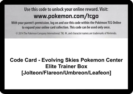 Code Card - Evolving Skies Pokemon Center Elite Trainer Box [Jolteon/Flareon/Umbreon/Leafeon] — SWSH07: Evolving Skies