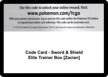 Code Card - Sword & Shield Elite Trainer Box [Zacian] — SWSH01: Sword & Shield Base Set