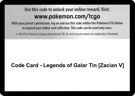 Code Card - Legends of Galar Tin [Zacian V] — SWSH02: Rebel Clash