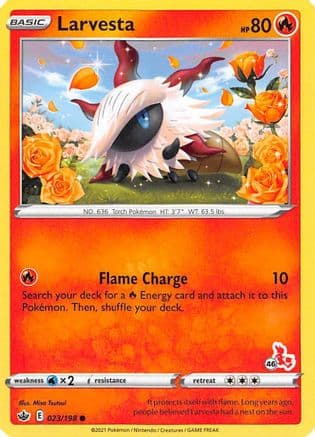 Larvesta - 023/198 (#46 Cinderace Stamped) — Battle Academy 2022 Pokémon TCG card by Misa Tsutsumi