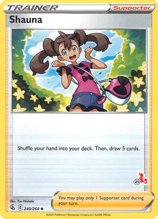 Shauna - 240/264 (#21 Cinderace Stamped) — Battle Academy 2022 Pokémon TCG card by Ken Sugimori