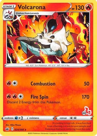 Volcarona - 024/198 (#44 Cinderace Stamped) — Battle Academy 2022 Pokémon TCG card by Atsuko Nishida