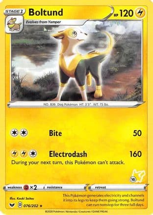 Boltund - 076/202 (#16 Pikachu Stamped) — Battle Academy 2022 Pokémon TCG card by Ken Sugimori