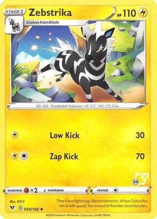 Zebstrika - 054/185 (#56 Pikachu Stamped) — Battle Academy 2022 Pokémon TCG card by 0313