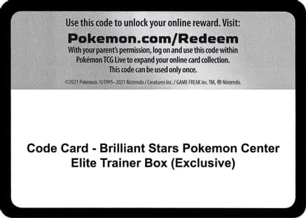 Code Card - Brilliant Stars Pokemon Center Elite Trainer Box (Exclusive) — SWSH09: Brilliant Stars