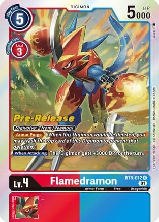 Flamedramon — New Awakening Pre-Release Cards Digimon Card Game card by Akiyoshi Hongo, Toei Animation