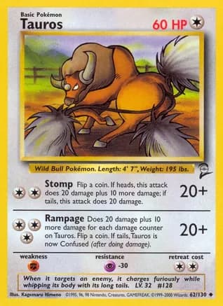 Tauros — Base Set 2 Pokémon TCG card by Kagemaru Himeno
