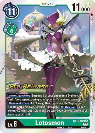 Lotosmon — Xros Encounter Pre-Release Cards Digimon Card Game card by Akiyoshi Hongo, Toei Animation, BANDAI NAMCO Entertainment Inc. MADE IN JAPAN