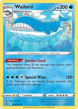 Wailord — SWSH12: Silver Tempest Pokémon TCG card by Shinya Komatsu