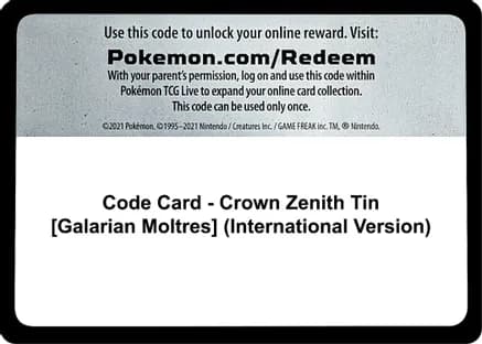 Code Card - Crown Zenith Tin [Galarian Moltres] (International Version) — SWSH: Crown Zenith