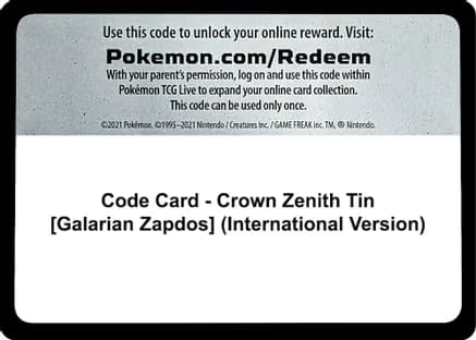Code Card - Crown Zenith Tin [Galarian Zapdos] (International Version) — SWSH: Crown Zenith