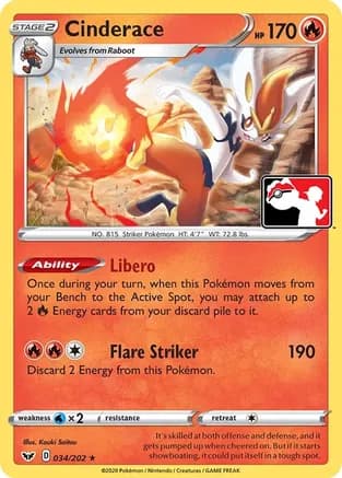 Cinderace - 034/202 — Prize Pack Series Cards Pokémon TCG card by Kouki Saitou
