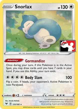 Snorlax - 131/185 — Prize Pack Series Cards Pokémon TCG card by Atsuko Nishida
