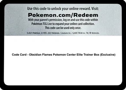 Code Card - Obsidian Flames Pokemon Center Elite Trainer Box (Exclusive) — SV03: Obsidian Flames