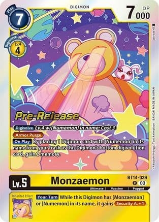 Monzaemon — Blast Ace Pre-Release Cards Digimon Card Game card by Akiyoshi Hongō, Toei Animation, BANDAI MADE IN JAPAN