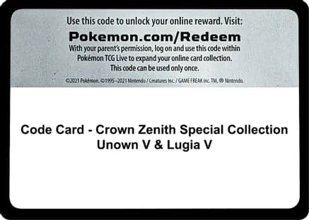 Code Card - Crown Zenith Special Collection [Unown V & Lugia V] — Crown Zenith