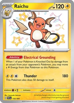 Raichu - 132/091 — SV: Paldean Fates Pokémon TCG card by Sanosuke Sakuma