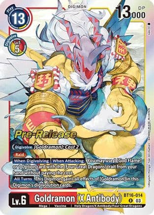 Goldramon (X Antibody) — Beginning Observer Pre-Release Cards Digimon Card Game card by Akiyoshi Hongō, Toei Animation, BANDAI MADE IN JAPAN
