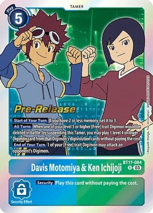Davis Motomiya & Ken Ichijoji — Secret Crisis Pre-Release Cards Digimon Card Game card by Akiyoshi Hongo, Toei Animation, BANDAI MADE IN JAPAN
