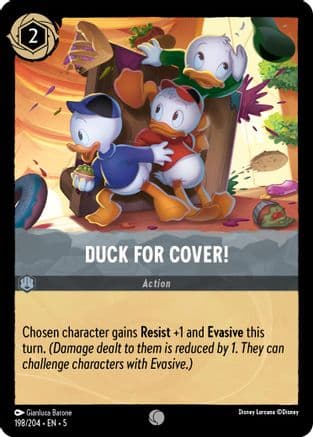 Duck for Cover! — Shimmering Skies Disney Lorcana card by Gianluca Barone