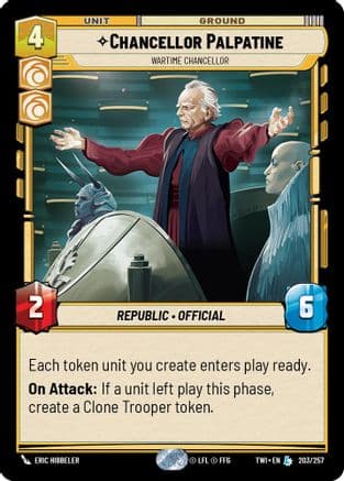 Chancellor Palpatine - Wartime Chancellor — Twilight of the Republic Star Wars: Unlimited card by Eric Hibbeler
