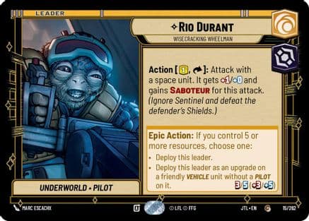 Rio Durant - Wisecracking Wheelman — Jump to Lightspeed Star Wars: Unlimited card by Marc Escachx