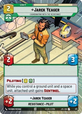 Jarek Yeager - Coordinating With The Resistance (Hyperspace) — Jump to Lightspeed Star Wars: Unlimited card by Facundo Moyano