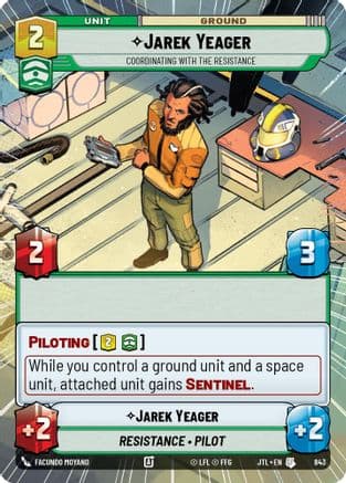 Jarek Yeager - Coordinating With The Resistance (Hyperspace Foil) — Jump to Lightspeed Star Wars: Unlimited card by Facundo Moyano