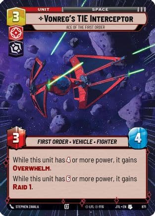 Vonreg's TIE Interceptor - Ace of the First Order (Hyperspace Foil) — Jump to Lightspeed Star Wars: Unlimited card by Stephen Zavala