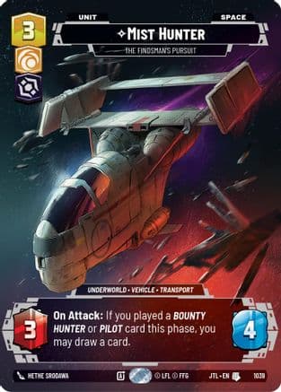 Mist Hunter - The Findsman's Pursuit (Prestige) — Jump to Lightspeed Star Wars: Unlimited card by Hethe Srodawa
