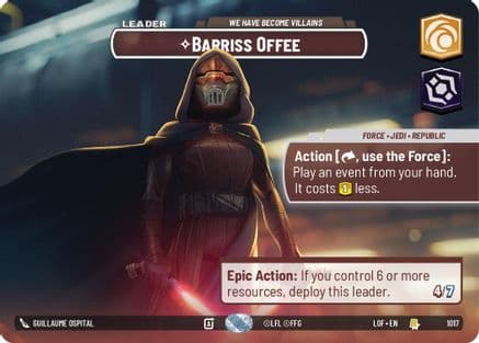 Barriss Offee - We Have Become Villains (Showcase) — Legends of the Force Star Wars: Unlimited card by Guillaume Ospital