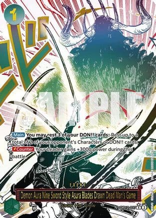 Demon Aura Nine Sword Style Asura Blades Drawn Dead Man's Game (Alternate Art) — One Piece Card Game card
