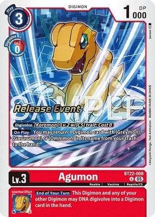 Agumon — Cyber Eden Release Event Cards Digimon Card Game card by Akiyoshi Hongo, Toei Animation, BANDAI MADE IN JAPAN