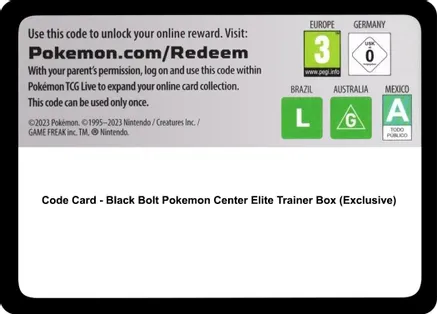 Code Card - Black Bolt Pokemon Center Elite Trainer Box (Exclusive) — SV: Black Bolt